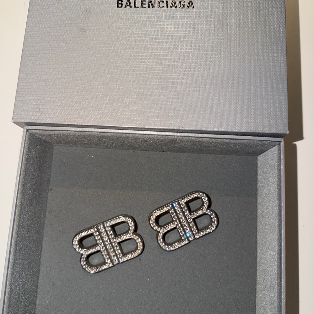 Balenciaga Crystal Double B Logo Earrings - Silver